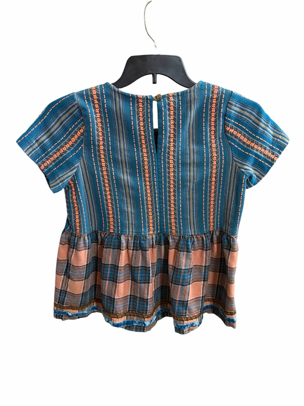IVY JANE - Textured Stripe & Plaid Peplum Top - Teal & Peach (Size:S) - Picture 2 of 6